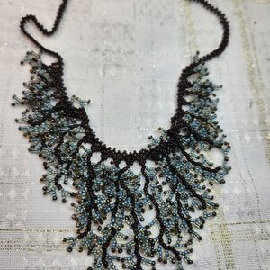 Source Unknown Black and Blue Beaded Branch Bib Necklace
